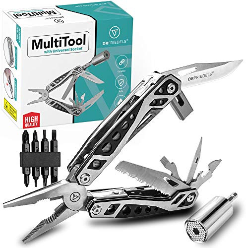 DRFRIEDELS Multitool – 22 in 1 Tools and Universal Socket Set – Multitools Including Screwdriver Set for DIY and Repair Jobs – Compact Pocket Multi Tool with Pliers, Bottle Opener, Chisel and More
