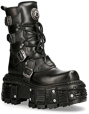 New Rock TANK373-S1 Stivali Unisex con Piattaforma in Pelle Nera Stile Motociclista Gotico 42