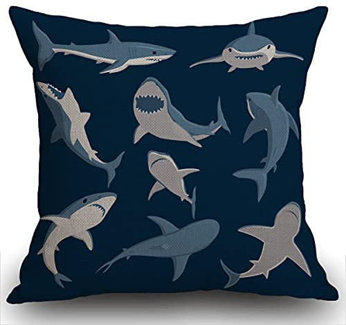 Smooffly Kissenbezug mit Cartoon-Hai-Druck, für den Außenbereich, Leinen, quadratisch, doppelseitig, bedruckt, für Zuhause, Büro, Sofa, Couch, Auto, Garten, 45 x 45 cm, Blau