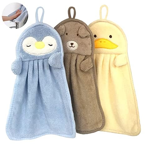 Brateuanoii 3 Stück Süßes Handtücher für Küche, Kinder Hand Handtuch Süßer Tier, Süßes Tier Waschlappen, Super Saugfähiges Korallen-Fleece-Handtuch mit Aufhängeöse für Küche und Bad