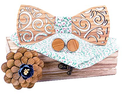 RQPYQF Noeud Papillon Bois, Ensemble de 4 Pièces - Noeud Papillon, Boutons de Manchette et Broche en Bois, Carré de Poche, Fait Main, Accessoire Mode (Style#12)
