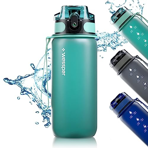 Wessper Tritan Trinkflasche 500ml Minze Wasserflasche Mit Zeitmarkierung BPA-frei | Auslaufsichere Sportflasche Für Fahrrad Schule Kinder Wandern Sport | Water Bottle Fitness Flasche Spülmaschinenfest
