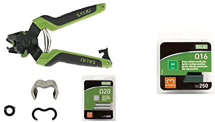 SALKI Pack Grapadora Cercas con Cargador FSK20C - Grapadora para Vallas con Cortador de Alambre + Blíster de 1000 & Salki 0111106 111106-Blister omega 16 verde u, 250 uds