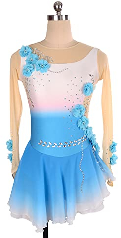 kzytamz Eiskunstlaufkleid mit Langen Ärmeln, hochelastisch, handgefertigt, Kristall-Wettbewerb, Eislaufkleid für Damen und Mädchen Profi Eiskunstlauf Wettkampfkleid (XXXS,Blue)