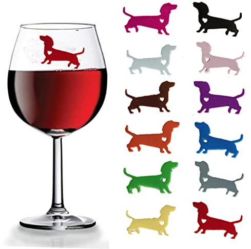 Houhounb Silicone Glass Markers Dogs Wine Glass Markers Reusable Drink Glass Marker Tea Bag Holder 12 Pieces Cute Dachshund Wine Glass Markers for Party Glass Marking