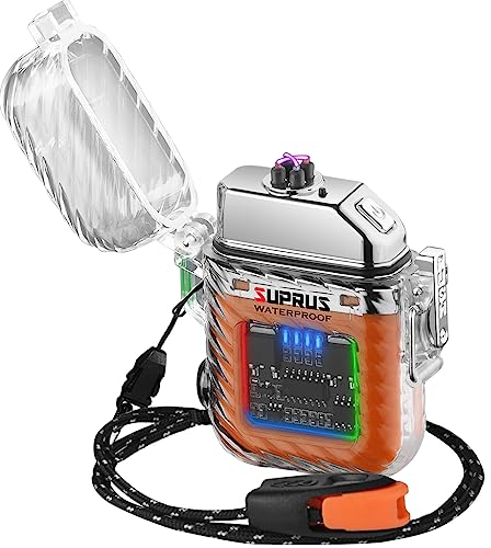 SUPRUS Encendedor luminoso de 3 modos de linterna, resistente al viento, resistente al agua, mecheros eléctricos, recargable, de plasma de doble arco, con silbato de emergencia de supervivencia y