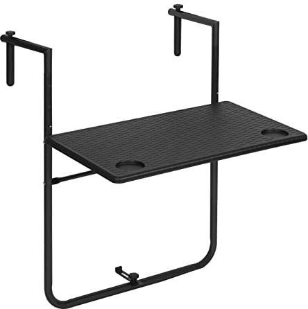 WOLTU Mesa Colgante para Balcon, Plegable con 3 Alturas Ajustables, para Terraza, Jardin y Patio, Mesita Auxiliar de Estilo Roten, Negro