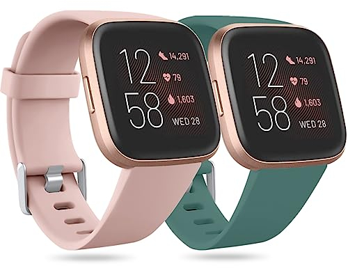 Ouwegaga Kompatibel für Fitbit Versa Armband/Fitbit Versa 2 Armband, Weiches Silikon Ersatz Armband Kompatibel mit Fitbit Versa Lite Armband, Damen Herren Groß, Kieferngrün/Nackt Rosa