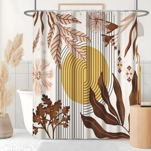 Uiiooazy Duschvorhang 200x180cm Anti Schimmel Abstrakt Boho Rosa Blumen | Duschvorhang Gelb Sonne Braun Blätter Wasserdicht Stoff Polyester Waschbar Bad Vorhang mit 14 Haken für Badezimmer Badewanne