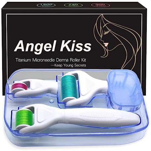 Angel Kiss Rouleau Derma Roller 4 en 1 pour le visage, le corps - Outil de Soin de la Peau à Micro-Aiguilles, 300 Aiguilles 0,5 mm, 720/1200 Aiguilles 1,0 mm
