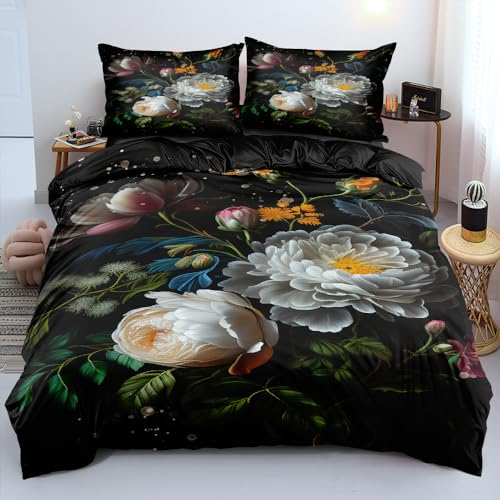 DXHOME Bettwäsche 135x200 Blumen Schwarz Blüten Blumenmuster Vintage 3D Bettwäsche Set 2er Set mit Floralemuster Weiche Mikrofaser Bettbezug mit Reißverschluss + 1 Kissenbezug 80x80 cm