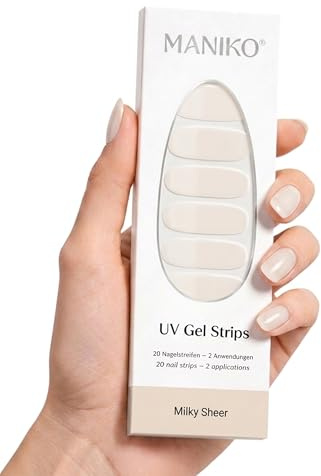 Maniko UV Gel Strips Milky Sheer Nude – 20 UV Nagelsticker, 2 Anwendungen | UV Nagellack zum Kleben, selbstklebende Nagelfolie für natürliche Nägel, vegan & langanhaltend – Geschenk zu Geburtstag