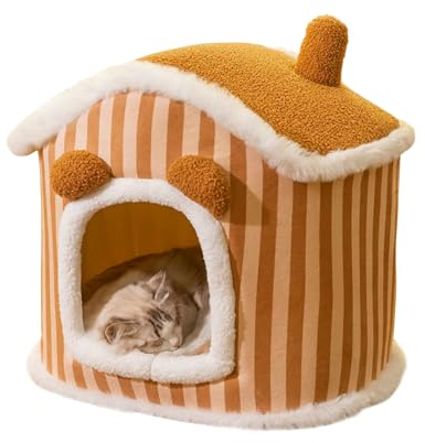Galatée Katzenhaus, Cartoon Süßes Schornstein Katzenhaus, Gemütliches Haustierzelt, Waschbares Flauschiges, Plüschiges Haustierbett, Schornsteinkatze Haus(L, Braun)