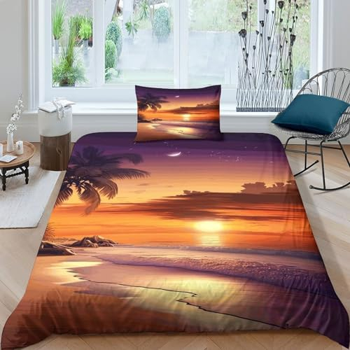 Twilight Beach Set Bettbezug Für Jugendliche Und Erwachsene,3D Druck, Mikrofaser Bettwäsche Hawaii-Landschaft Set Bettbezugfür Inklusive Kissenbezug (3 Stücke) Single(135x200cm)