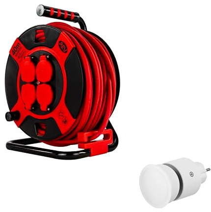 REV Kabeltrommel & Steckdosenlampe im SPARSET – Kabeltrommel 40m IP44 Outdoor, 4 Schuko-Steckdosen, schwarz + Lampe für Steckdose 4-stufig dimmbar, 10W, 850lm, 3000K