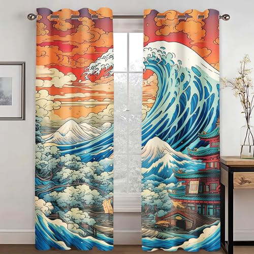 SHROUDEX Rideau occultant Ukiyoe japonais avec œillets, rideau de fenêtre vague Hokusai Koi pour chambre d'enfant chambre à coucher, 2 panneaux (280x245cm (2x140x245cm))