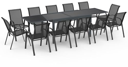 IDMarket - Salon de Jardin Madrid Table Extensible Plateau Gris 135-270 CM et 12 chaises empilables Gris Anthracite
