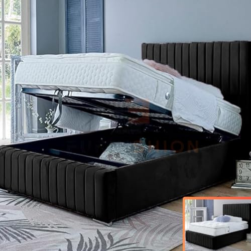 Furnishion Single Bed with Storage - Black Plush Velvet Single Ottoman Bed with Mattress Included - Upholstered Panel Bed & 48inch Headboard