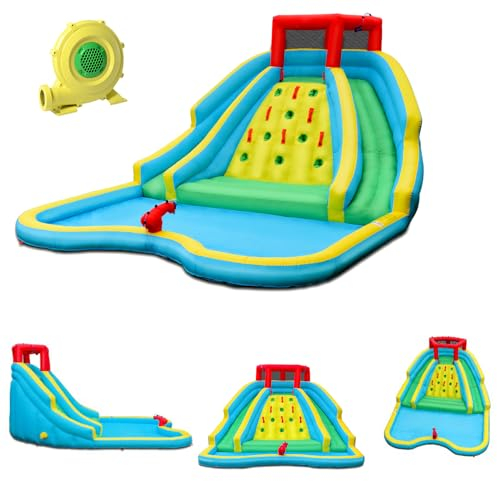 LIFEZEAL Aufblasbares Schloss mit Gebläse, 680 W, für Kinder von 3 – 10 Jahren, Wasserpark mit Doppelrutsche, Kletterwand, großer Pool, Wasserkanone, Belastung 150 kg, 427 x 366 x 229 cm