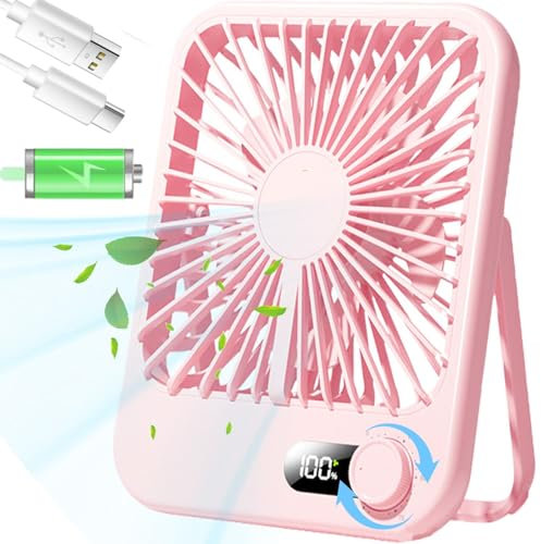 Fenxyo Rechargeable Desk Fan, Quiet Noiseless 3000mAh USB Fan with LCD Screen, Mini Portable Travel Fan Foldable, Adjustable Wind-Speed Cooling Fan for Table Desktop Outdoor Office, Pink