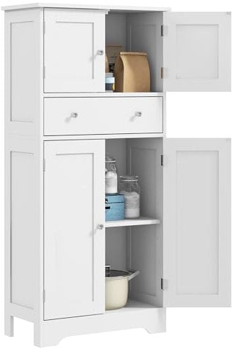 HOMCOM Kitchen Cupboard, Modern Freestanding Kitchen Storage Cabinet with Doors and Shelves, Kitchen Cabinet with Drawer and Adjustable Shelf, White