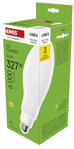 EMOS LED Lampe Edison Typ ED90, 36W Ersatz für 327W Glühbirne, Industrieleuchte, E27 Sockel, extra hell 6000 Lumen, Neutralweiß 4000 K, 25000 h Lebensdauer, CRI min. 80, 330° Abstrahlwinkel