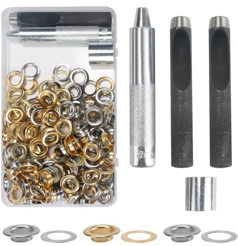 KJLEEN 140 Sets 10mm Grommet Tool Kit Gold Eyelet Silver Eyelet Punch Kit, Metal Grommets Eyelets Set Brass Grommet Eyelet Kit for Fabric Tarpaulin Canvas Curtains Awnings Leather Clothing Craft