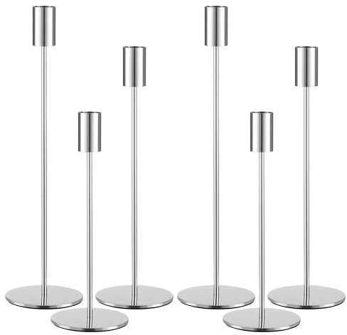 6 Pezzi Portacandele Argento,Portacandele Argento in Metallo 33/28/23CM,Portacandele Vintage Set,Adatto per Matrimoni, Natale, Cene a Lume di Candela Ornamenti