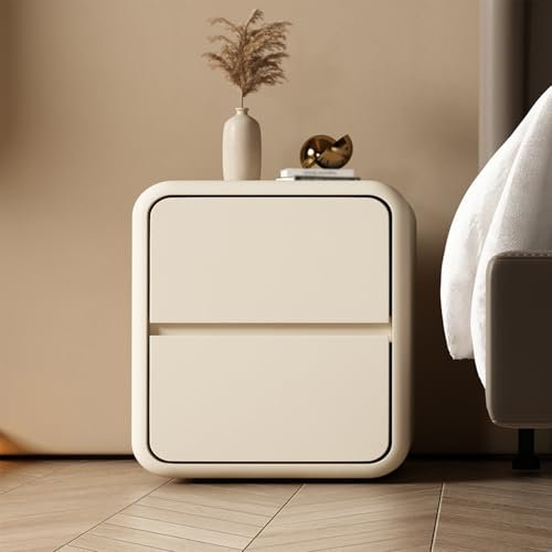 Nachttisch, modern, minimalistisch, abgerundete Ecken, Leder-Akzenttisch, Beistellschrank, Nachttisch mit 2 Schubladen