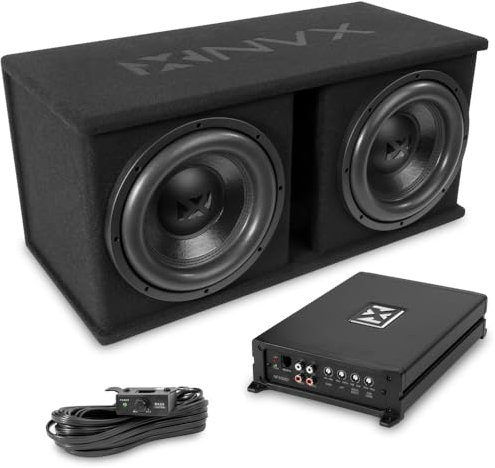 NVX NPKG212 1000W MAX (500W RMS) Loaded Dual 12 Subwoofer with Slot Ported Enclosure and Monoblock Amplifier with Remote Bass Knob