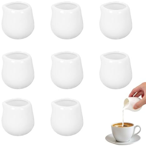 8 Pcs Small Porcelain Milk Jugs, 50ml Mini White Ceramic Milk Jugs, Milk Frothing Pitchers with Pour Spout, for Coffee, Sauce, Milk, Creamer