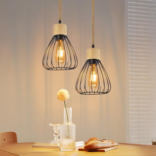 ZMH 2ER Pendelleuchte Esstisch Hängelampe Vintage - Esszimmerlampe Schwarz Metall Esszimmer Hängeleuchte 1 Flammig Retro Hanfseil aus Holz Industrial E27 Pendellampe für Wohnzimmer (ohne Leuchtmittel)