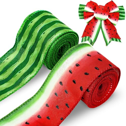 Wassermelone Band mit Drahtkante, 2 Rollen Rot Grün Obst Bänder Frühling Sommer Stoffband Basteln Dekoratives Schleifenband für Handwerk DIY Geschenkverpackung Tropische Themen Party Dekoration