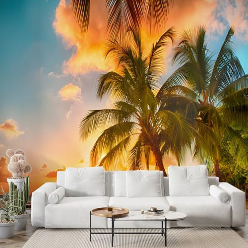 Selbstklebende Tapete Palmen Sonnenuntergang Wandbilder, Vlies Fototapete mit Landschaft Motiv, 3D Effekt Wandtapete Deko, Abziehen & Aufkleben, 350x256 cm - S-763