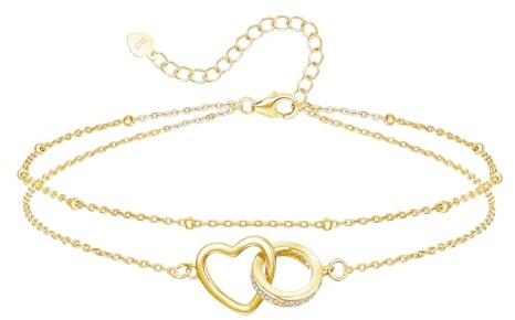 Loutade Silber Fußkettchen für Damen, 925 Sterling Silber Fußketten Armband, 22+5cm Verstellbar Sommer Barfuß Strand Doppel-Fußkette, Unendlichkeit Layered Fußkette mit Herz Design Fuß Schmuck