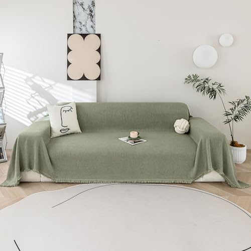 LiveGo Sofa Cover for 3 Seater, Chenille Non-Slip Slipcover for Sofa, All-Season Couch Cover for Dogs, Sofa Loveseat Covers Futon Cover L Shaped Sofa Cover with Tassel (BH Green, 180 * 340cm)