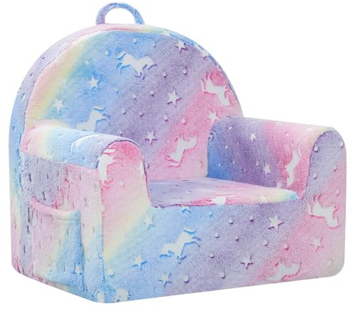 MeMoreCool Kinder Sessel aus Plüsch, tragbarer Schaumstoff Stuhl Regenbogen | Weicher Kindersessel für Kinderzimmer und Leseecke, leicht tragbar und bequem gepolstert für Sitzen, Lesen und Entspannen