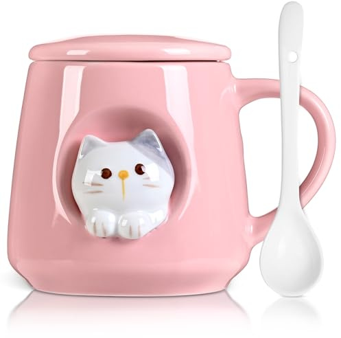 FrutPunch Cute Cat Ceramic Mug 350ml Pink for Women, Girls, Kids | Premium Ceramic, with Lid and Spoon, Dishwasher, Microwave, Sterilizer Safe, Great Gift for Family & Friends