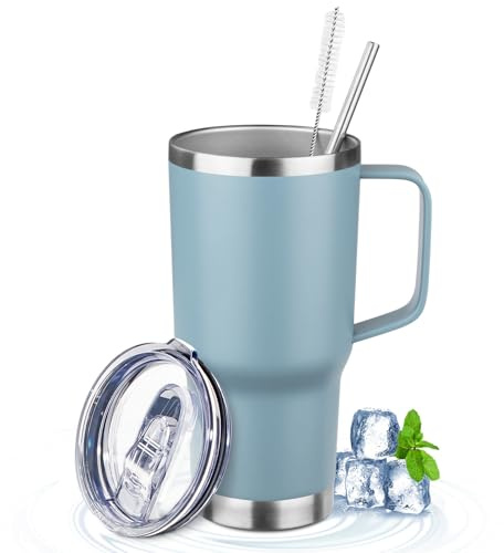 20oz Insulated Tumbler with Handle Stainless Steel Travel Coffee Mug with Lid and Straw Double Wall Vacuum Leak-proof Reusable Thermal Water Cup for Hot and Cold Drinks (Glacier blue,1 Pack)