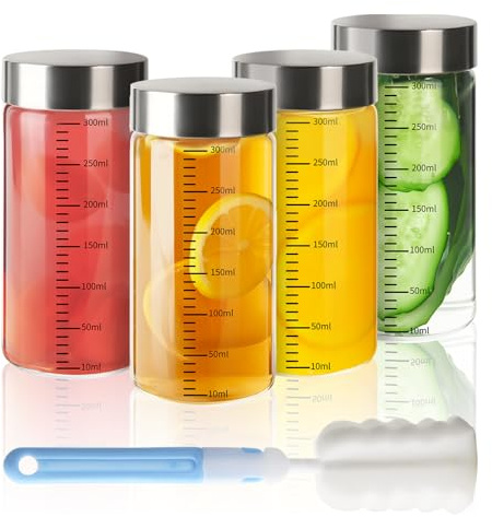 YBCPACK 4er Glasflaschen 300 ml mit Messskala, Smoothie Becher to go, Saftflaschen zum Befüllen mit Edelstahl Deckel – Wiederverwendbar, BPA-frei & Spülmaschinenfest