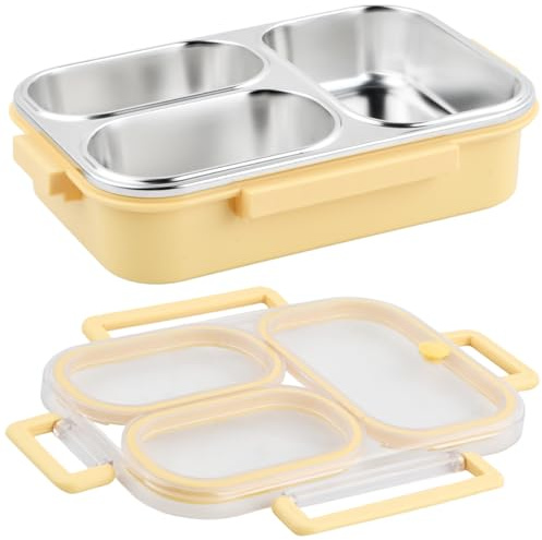 Daelesr Brotdose Edelstahl 1000ml mit 3 Fächern, Bento Lunchbox Erwachsene Auslaufsicher, Brotbox Vesperdose Kinder, Frühstücksbox Jausenbox Butterbrotdose für Mädchen Jungen Schule (Gelb)