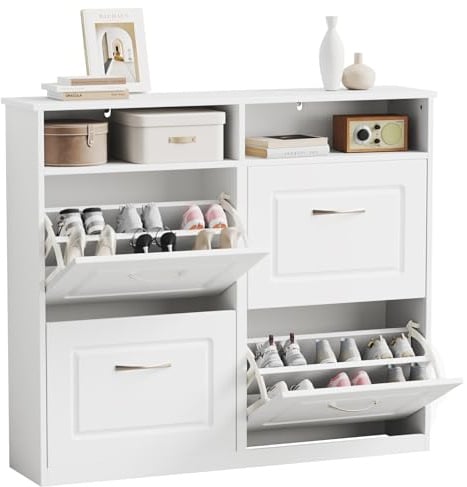 Sweetcrispy Schuhschrank mit 4 Klappen, 104 x 90 x 24 cm,Weiß | Schmaler Schuhkipper mit offenen Ablagefächern, Verstellbare Trennwände, platzsparend für Flur/Diele/Eingang