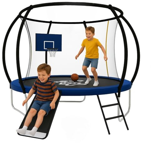 JumPop® Trampolines para Niños en 183/244/305cm con Tobogán de Regalo + Canasta y Pelota de Basket | Camas Elásticas para Niños Exteriores con Vídeo QR incluído de Montaje (244x244 cm) (183 x 183cm)