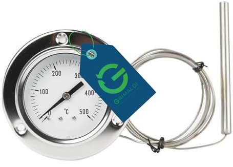 G GRIMALDI Termometro per Forno 0-500°C con Sonda Flessibile in Acciaio Inox, Pirometro Analogico per Forno a Legna, Pizza, BBQ, Flangia 3 Fori, Ø 67 mm