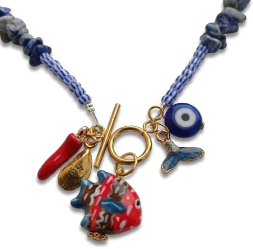 Etnyk by Carlos Fran Collar Náutico para Mujer con Pez de Cristal y Ojo Turco, Collar Boho de Verano con Colgantes Marinos, Joyería Artesanal de 50 cm