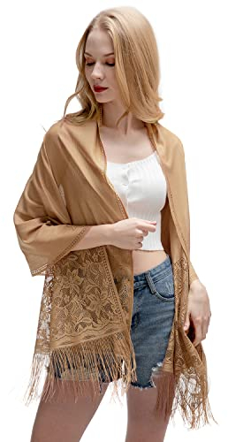 RIIQIICHY Stola Für Abendkleid Schal Stola Damen Festlich Umschlagtuch Umhang Braun Spitzenschal Mit Fransen für Hochzeit Party Braut