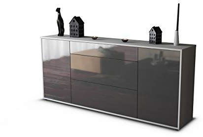 Stil.Zeit Sideboard Amandus, Korpus Weiss matt, Front Hochglanz-Design Grau Graphit (180x79x35cm) Push-to-Open Technik & Leichtlaufschienen