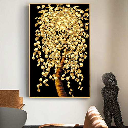 Poster und Drucke, Dekorrahmen, Wandkunst, Leinwand, Gemälde, abstrakte goldene Blätter und goldener Geldbaum, Bilder für Wohnzimmer, 60 x 100 cm (24 x 39 Zoll) mit Rahmen