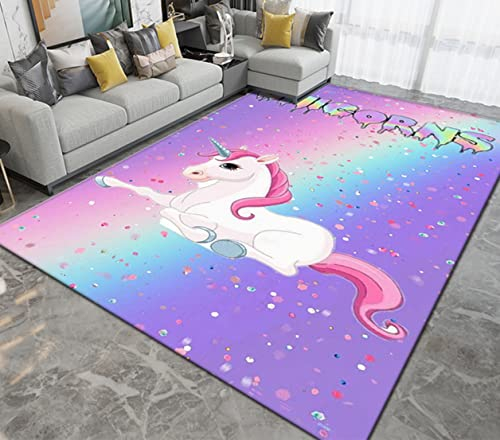 Teppich Rosa Lila Regenbogen Cartoon Einhorn Rug für Wohnzimmer Kinderzimmer Dekoration Kinder Spielen Krabbeln Matte Rutschfeste Bodenmatte Waschbar Heimdekoration Geschenk (Bunt 1,120 x 160 cm)