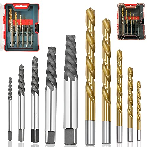 Extractor de tornillos rotos, Juego de extractores de tornillos de alta calidad y 5 Brocas para metal (HSS), sacar tornillos antirrobo, tuercas, pernos, y esparragos dañados, saca tornillos rotos.